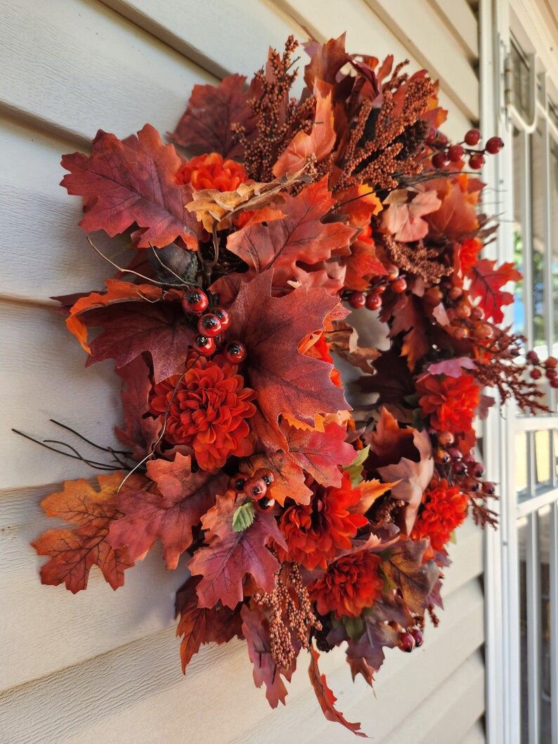 Dark Rusty Red Oak and Maple Leaf Front Door Fall Wreath With Mums and ...