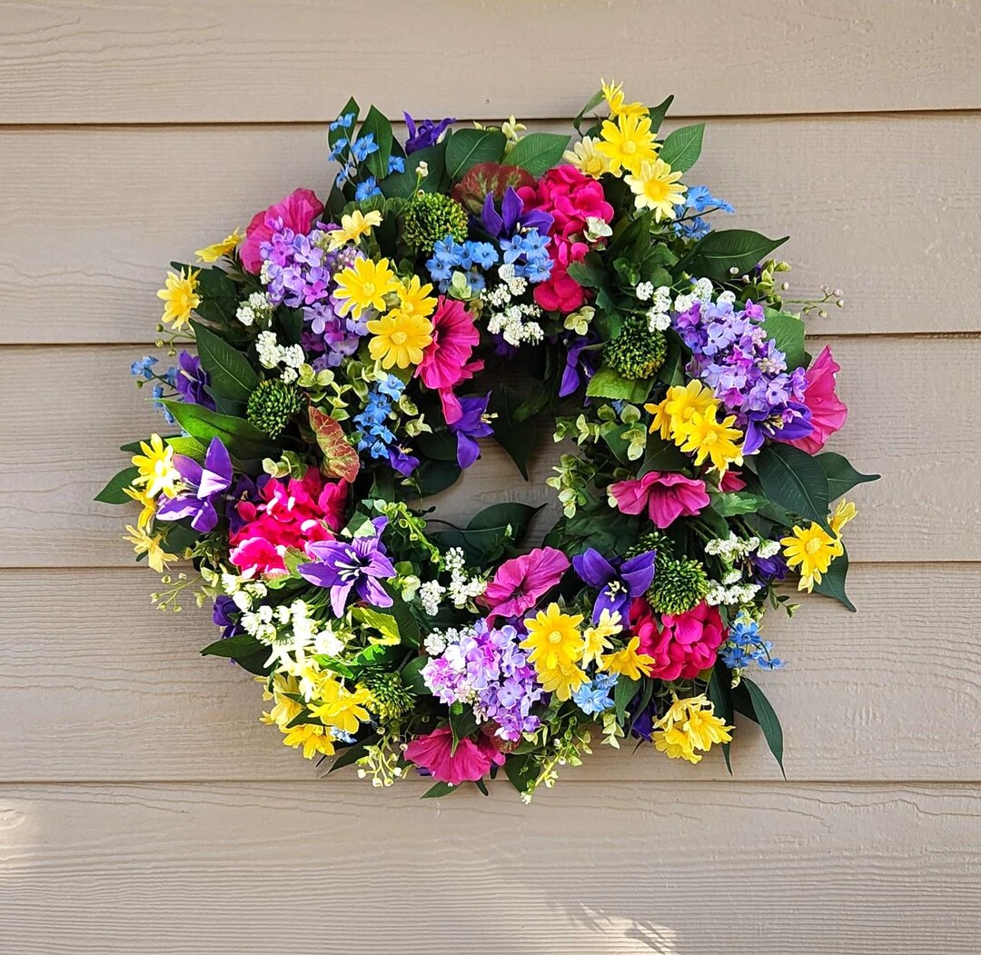 Spring Summer Wreath for Front Door; Bright Flowers Wreath; Spring ...