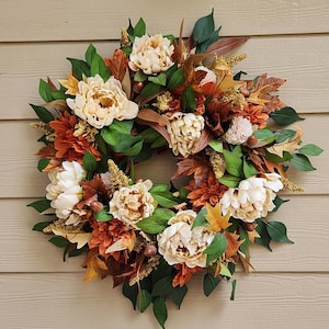 Fall Browns and Ivory Peony Wreath for Front Door; Aspen Leaf Wreath; Farmhouse or Cottage Garden Décor; Housewarming or Office Gift