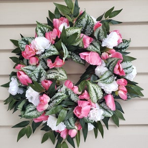 Spring Pink Tulip White Carnation Front Door Wreath; Country Farmhouse Housewarming Gift Wreath; Mother&#39;s Day Gift