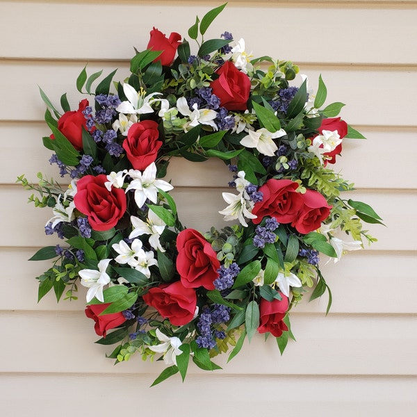 Red White Blue Patriotic Wreath; Memorial Day or 4th of July Independence Day or Housewarming Gift; Handmade Americana Wreath