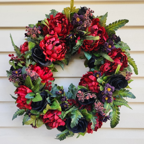 Moody Floral Front Door Wreath with Peony and Roses; Black Rose Wreath; Dark Farmhouse or Cottage Garden Décor; Fall to Winter Floral Wreath