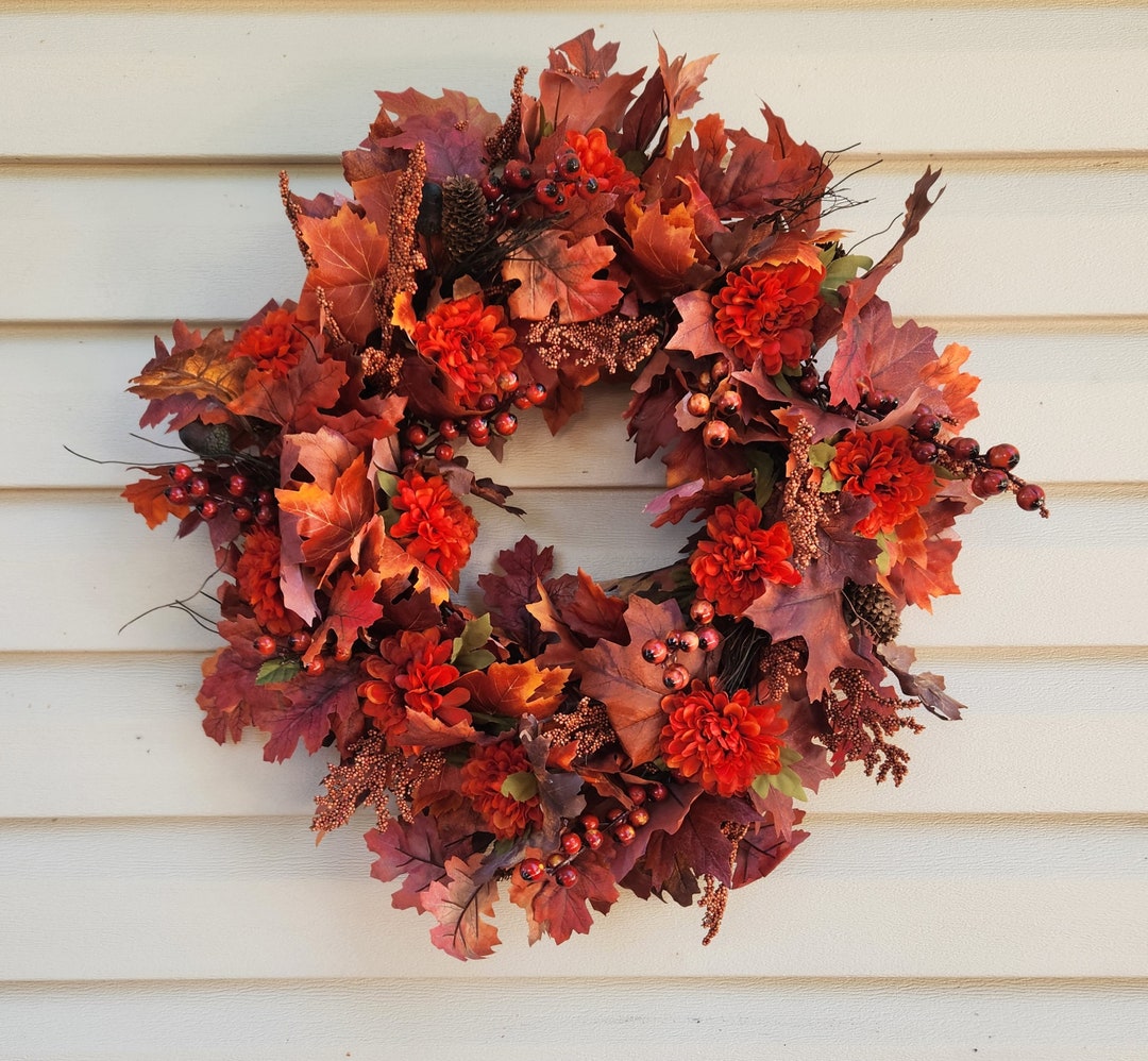 Dark Rusty Red Oak and Maple Leaf Front Door Fall Wreath With Mums and ...