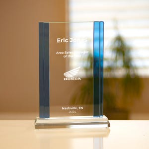 Custom Engraved Glass Plaque Award with Blue Accents - Corporate Recognition Gift