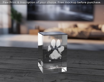 Custom 3D Engraved Pet Paw Print Crystal | Memorial Keepsake | Free Mockup & Touch-Up