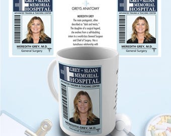 Meredith Badge, Grey's Anatomy Gift Mug - With short character description