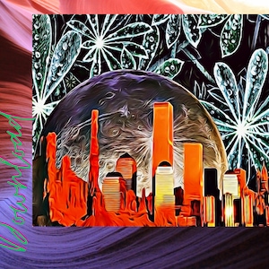 May include: A digital art illustration of a city skyline with tall buildings in shades of orange and red. The buildings are set against a backdrop of a dark blue and purple sky with a large, glowing orb in the centre. The orb is surrounded by a ring of white and green leaves with water droplets.