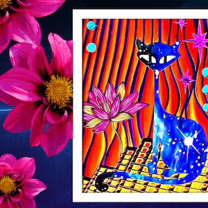 Midcentury modern atomic cat art print Hipster cat wall art Atomic art cat Instant download Dark blue cat print Retro cat Nostalgic 1950s