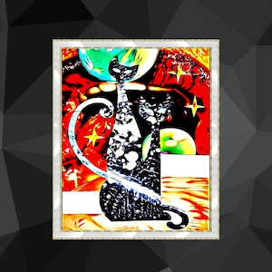 Midcentury modern atomic cat art print Hipster cat wall art Atomic art cat Instant download Retro cat Nostalgic 1950s black cats Printable