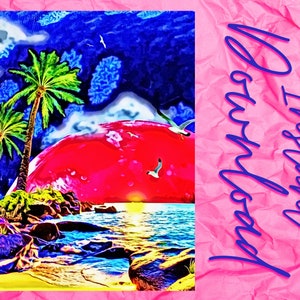 Beach art Sunny beach download Beach painting Relaxing beach Ocean art Setting sun wall hanging Paradise beach Crashing waves at sunset
