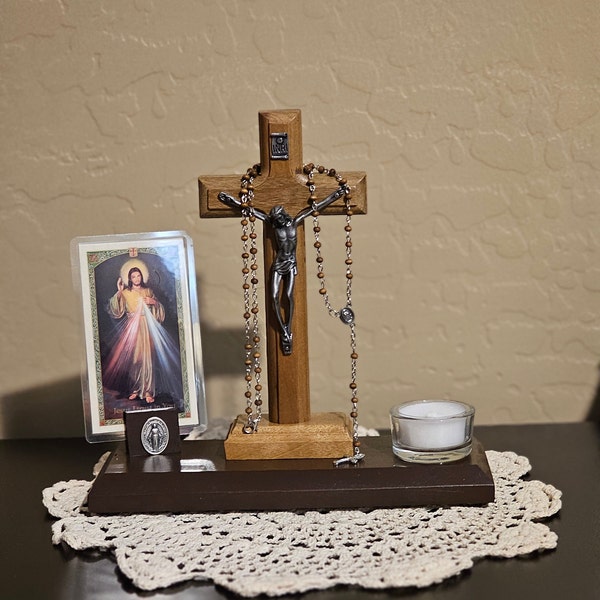 Catholic Wooden Tabletop Altar. Worship from the comfort of your home. A sacred space to pray and be with God. Your own Catholic sanctuary.