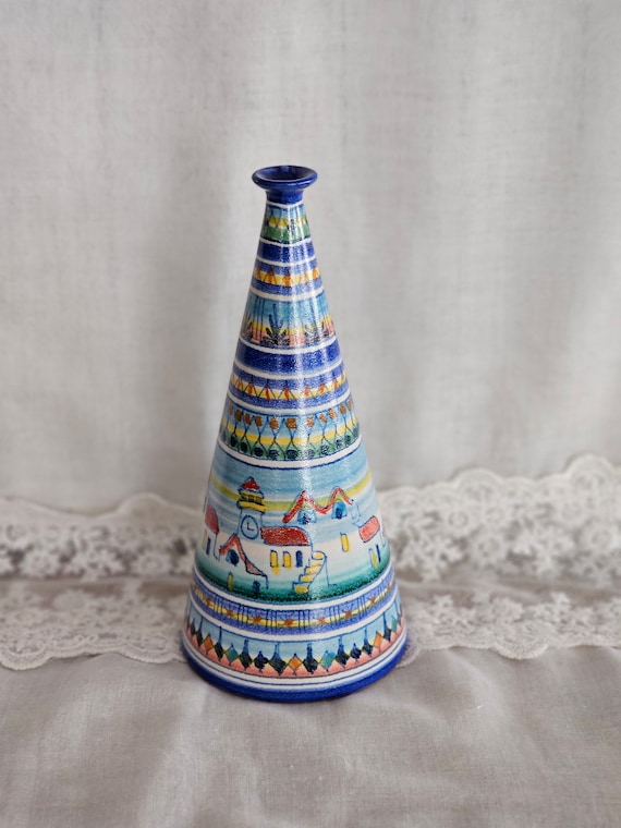Vintage Italian Cone Shaped Ceramic Vase. Vietri Italy by Giovanni