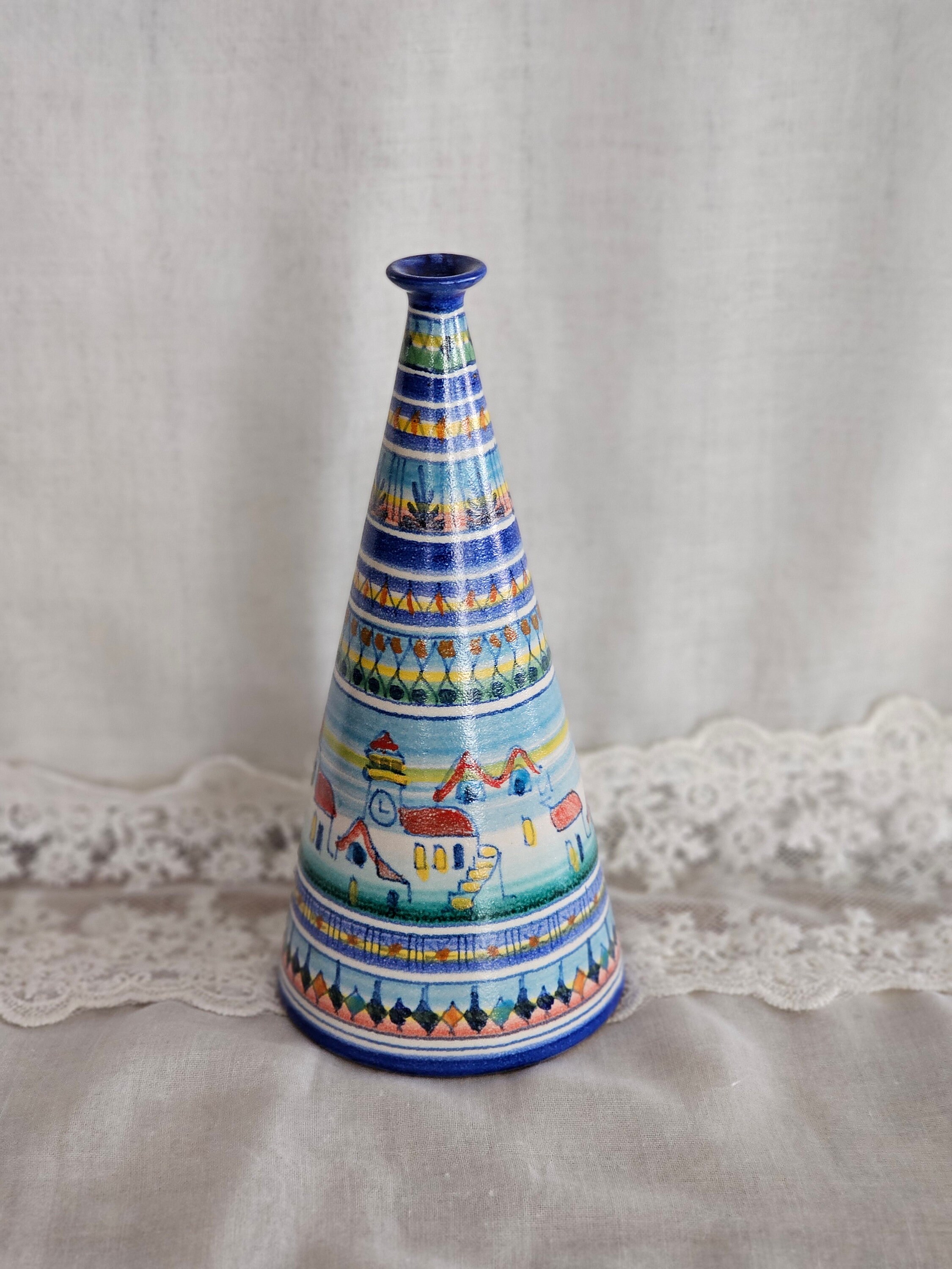 Vintage Italian Cone Shaped Ceramic Vase. Vietri Italy by Giovanni
