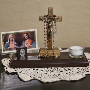 Catholic Wooden Tabletop Altar: Portable Home Sanctuary with Rosary and Holy Card.