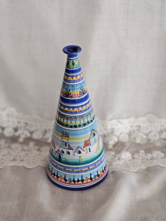 Vintage Italian Cone Shaped Ceramic Vase. Vietri Italy by Giovanni
