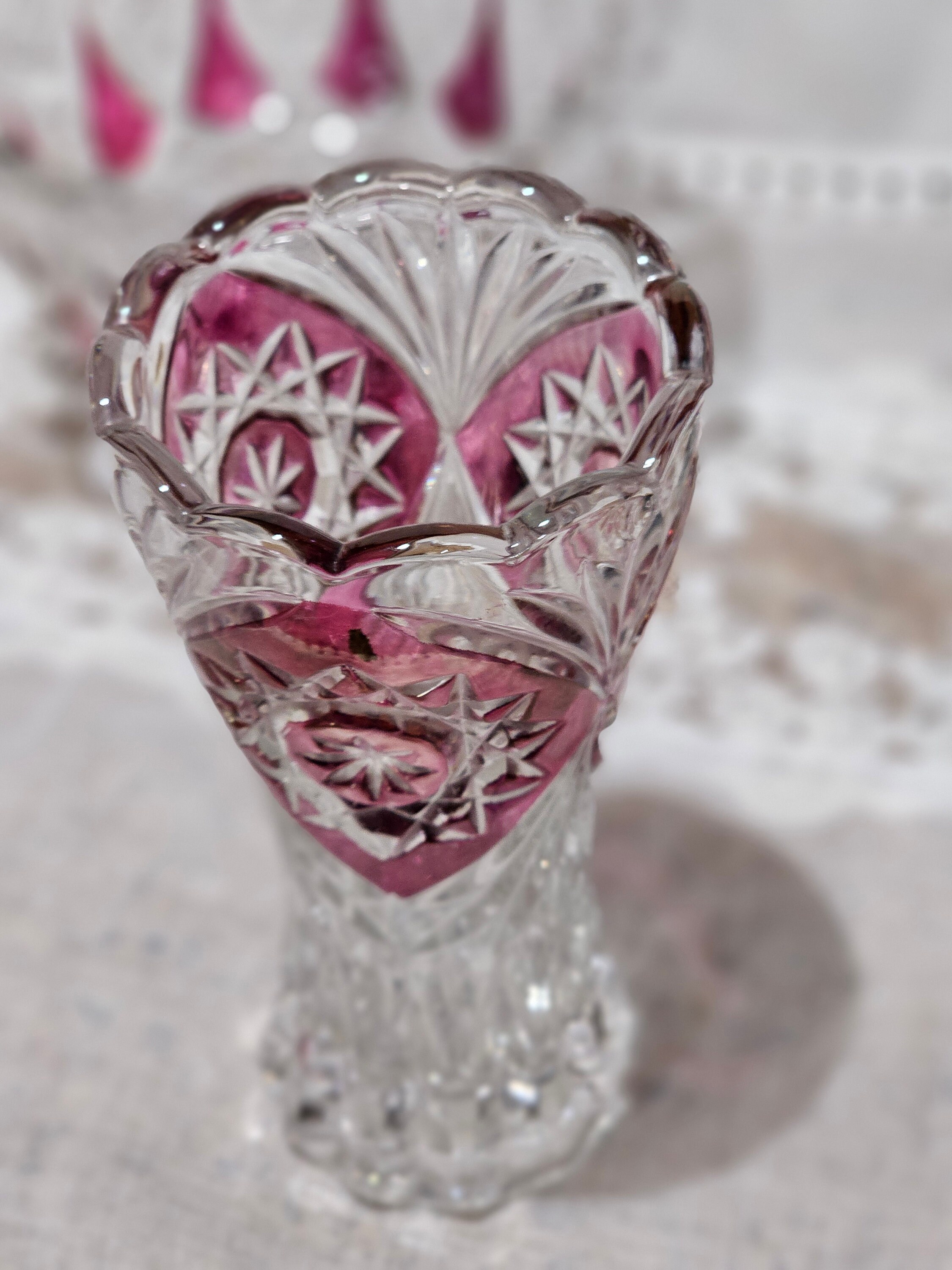 Antique German Lead Crystal Set: Cranberry Jewel Candy Dish