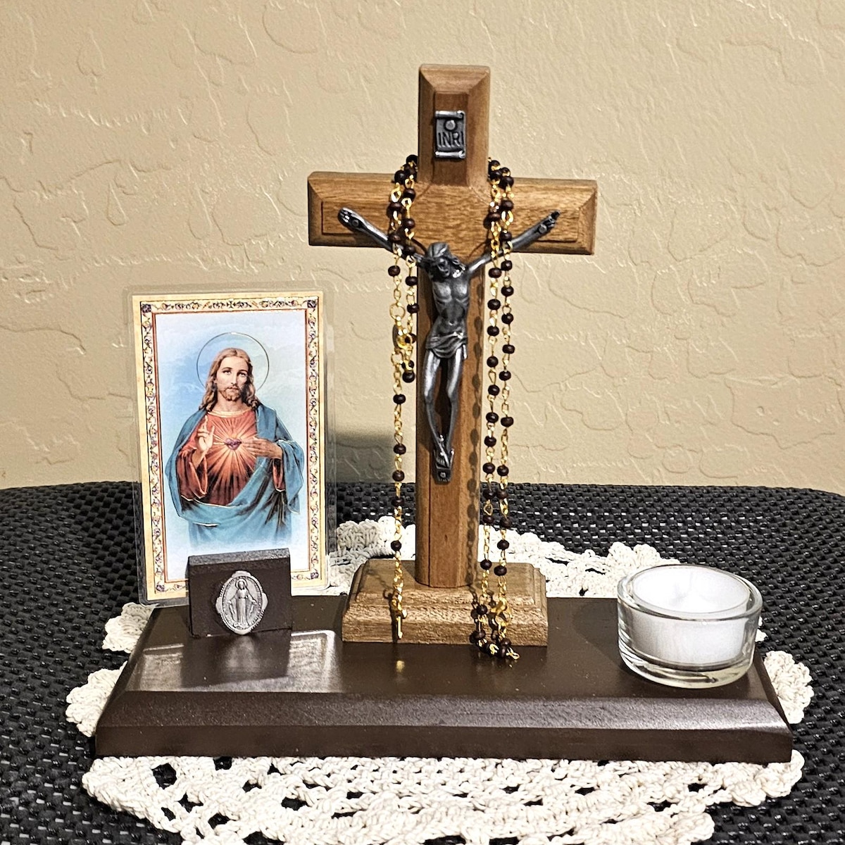 Catholic Wooden Tabletop Altar: Portable Home Sanctuary with Rosary and Holy Card