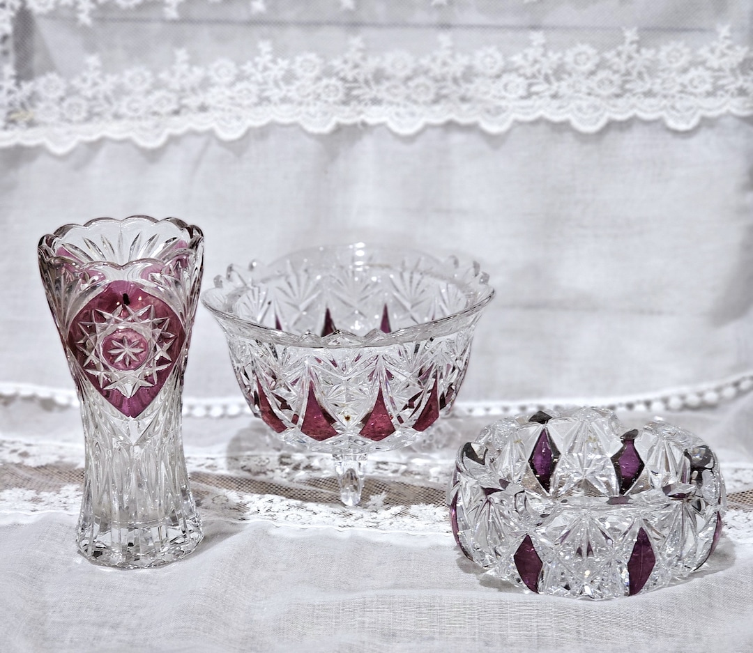 Antique German Lead Crystal Set: Cranberry Jewel Candy Dish