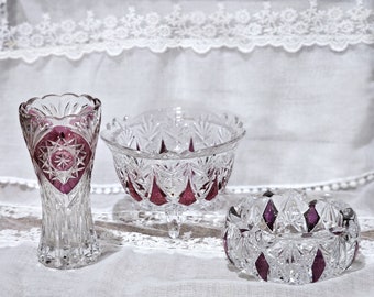 Antique German Lead Crystal Set: Cranberry Jewel Candy Dish