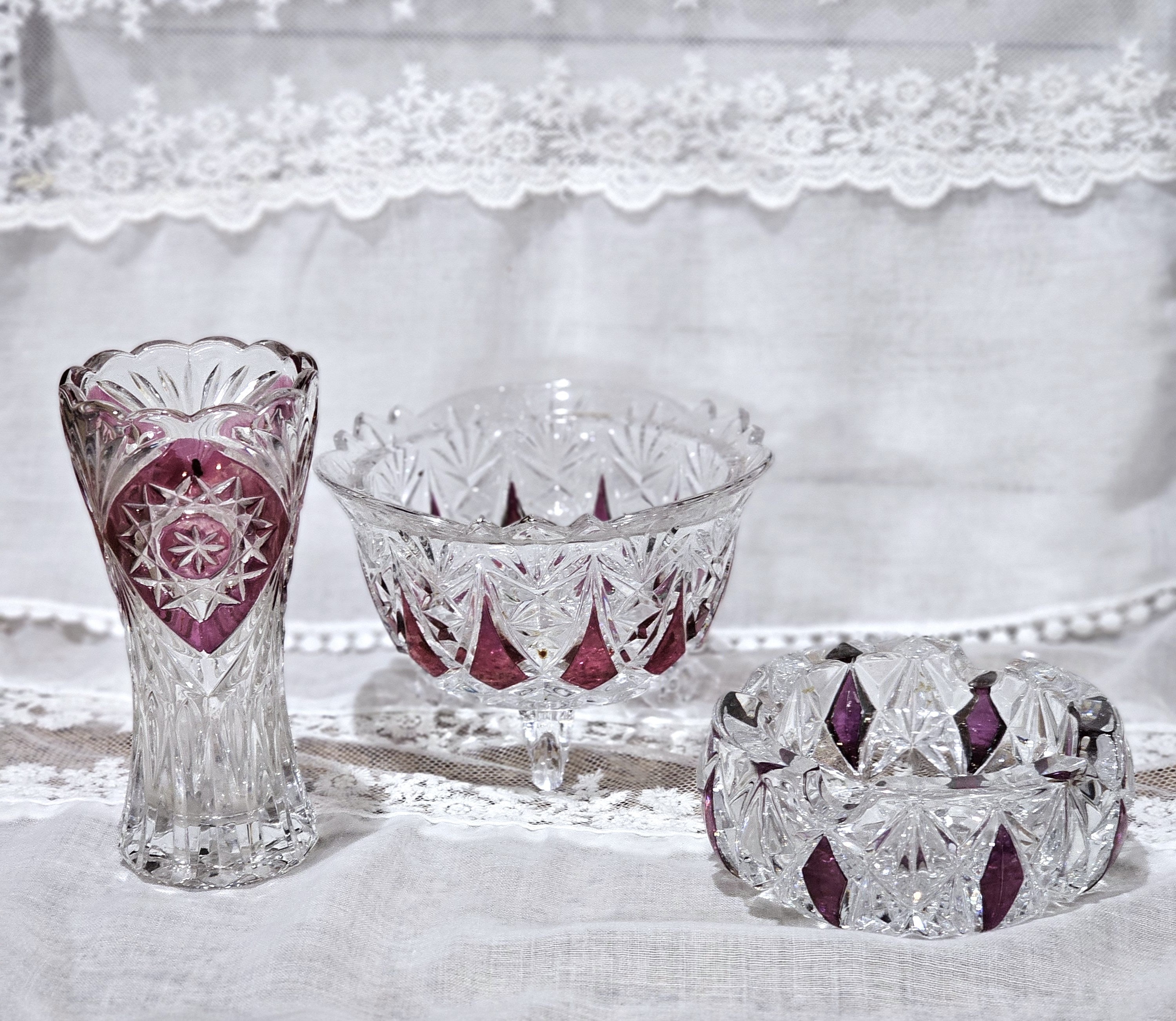 Antique German Lead Crystal Set: Cranberry Jewel Candy Dish