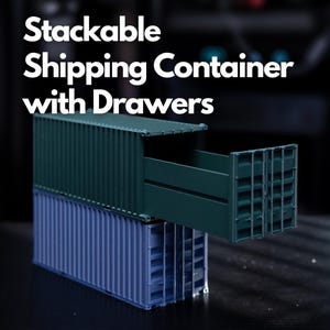 May include: Stackable shipping container with drawers. The top container is green and has a drawer pulled out. The bottom container is blue.