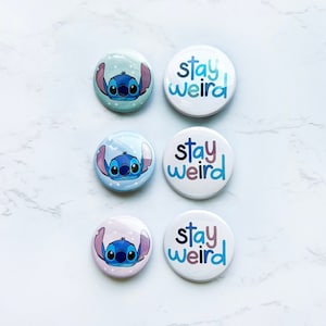 Stitch Stay Weird Button Pins or Magnets | Pack of 2