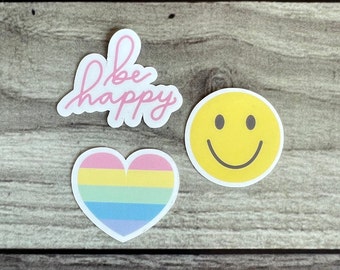 Paquete de 3 minipegatinas de vinilo con la frase "Be Happy" / Pegatinas con forma de corazón de arcoíris / Pegatinas con cara sonriente / Minipegatinas