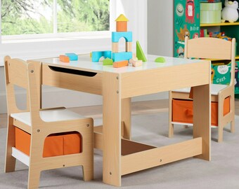 study table organizer 3-Piece Kids Table and Chairs Set | Wooden Storage Study Chair Desk Activity Writing Student Child