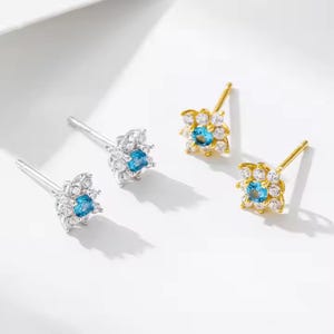 Blue Flower Stud Earrings – Dainty Floral Crystal Studs for Women | Cute Minimalist Jewelry Gift