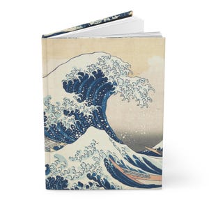 Journal mat à couverture rigide - Impression sur bois La grande vague de Kanagawa, journal personnalisable personnalisé, 150 pages lignées, finition mate,
