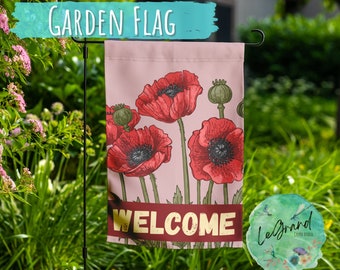 Red Poppy Flower Welcome Garden Flag, Welcome Spring or Summer Garden Flag with Poppies