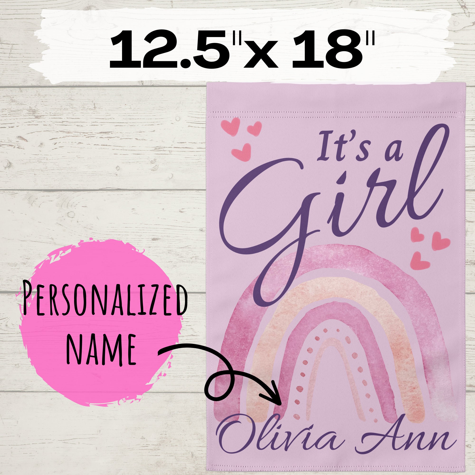 Personalized Baby Girl Pink Rainbow Announcement Garden Flag, It's a ...