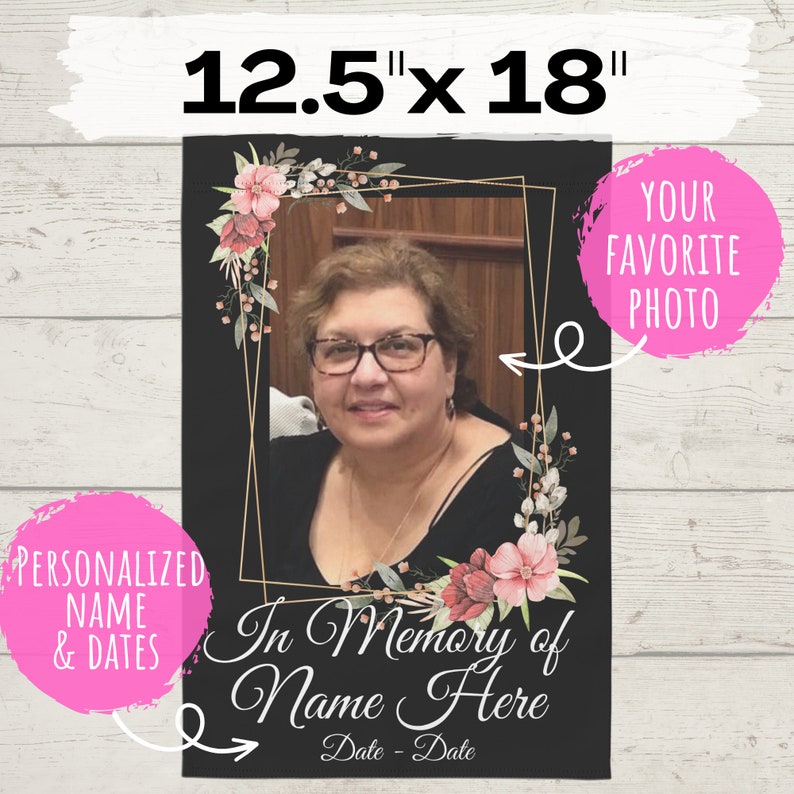 May include: A black and gold framed memorial photo template with floral accents. The template includes space for a personalized name and dates, as well as a photo. The text "In Memory of" and "Name Here" is included in the template. The template is 12.5 inches by 18 inches.