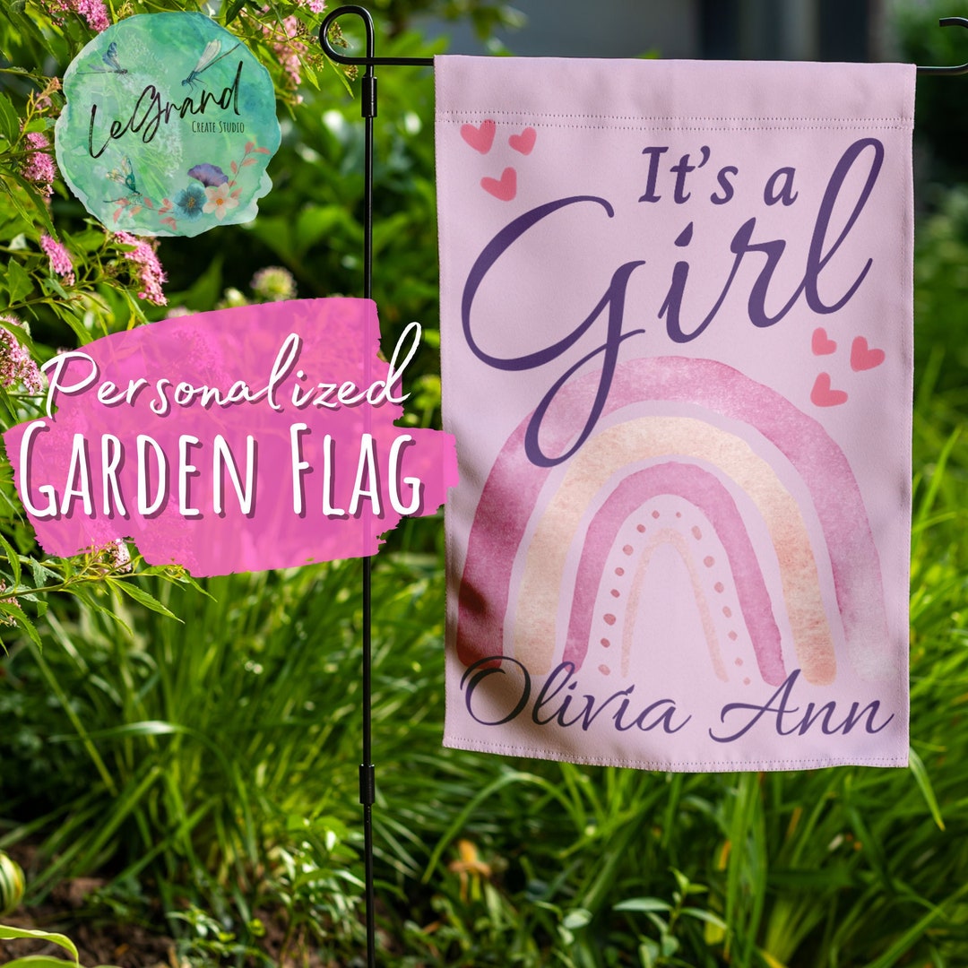 Personalized Baby Girl Pink Rainbow Announcement Garden Flag, It's a ...