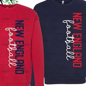 May include: Two sweatshirts, one red and one navy blue, each with the words "NEW ENGLAND football" printed vertically. The text is in white and red. The image also includes the text "INCLUDES SVG PNG" and "DIGITAL FILES ONLY - NO PHYSICAL PRODUCT."