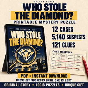 Diamant Mysterie Puzzelboek - Printbare Eliminatiepuzzel PDF - Detective Logica Spel - Wie heeft de Diamant Gestolen?