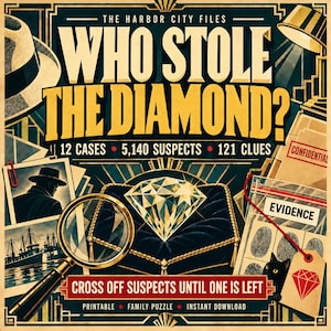 Diamond Mystery Puzzle Book - Printable Elimination Puzzle PDF - Detective Logic Game - Who Stole the Diamond?