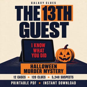 Halloween-mordmysteriespel utskrivbart, den 13:e gästdetektivens pusselbok för vuxna, lös falllogiken, direktnedladdning i PDF-format