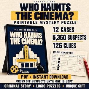 Op de afbeelding: Een digitale tablet toont de printbare mysteriepuzzel Who Haunts The Cinema? met een bioscoopafbeelding en een zwarte kat. Daarnaast ligt een papieren caseregister met verdachten, rode markeringen en een rood potlood met speldetails.