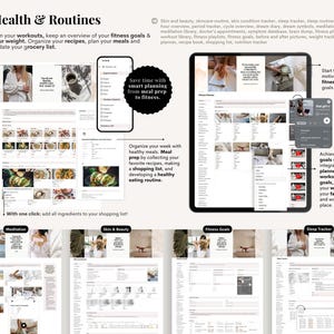 Op de afbeelding: Digitale interface van een gezondheids- en wellness-app weergegeven op een tablet en smartphone. De app bevat secties voor maaltijdplanning, fitnessdoelen, slaaptracking en huidverzorgingsroutines. Tekst bevat "Health & Routines" en "Plan your workouts."