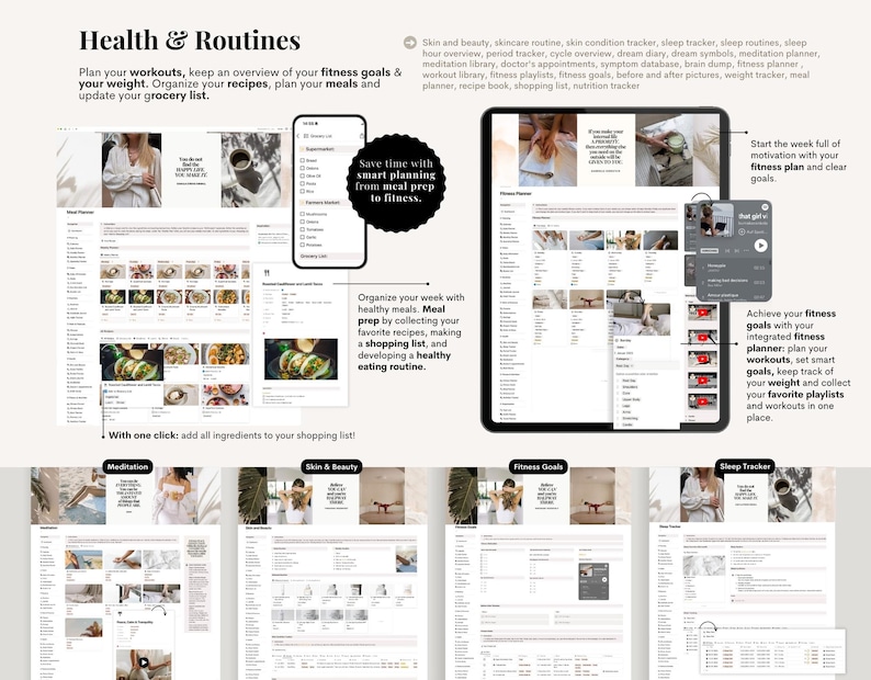 Op de afbeelding: Digitale interface van een gezondheids- en wellness-app weergegeven op een tablet en smartphone. De app bevat secties voor maaltijdplanning, fitnessdoelen, slaaptracking en huidverzorgingsroutines. Tekst bevat "Health & Routines" en "Plan your workouts."