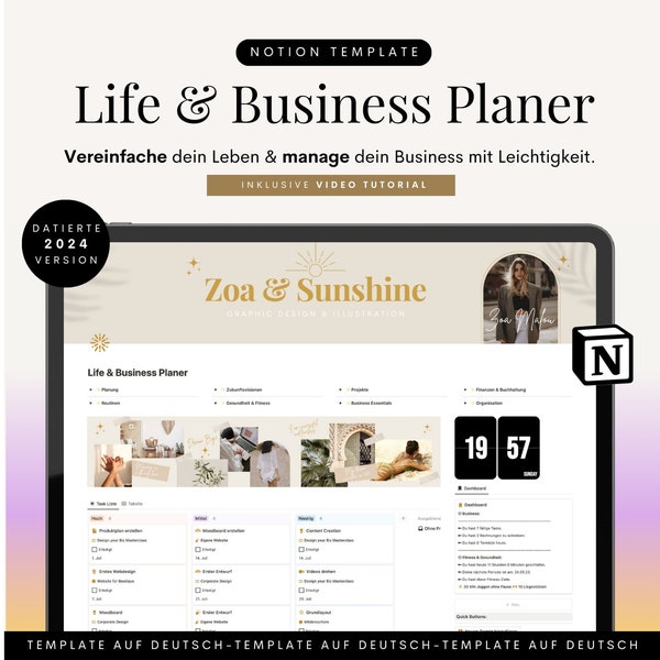 Notion Template Life & Business Planer Deutsch 2024 All In One Notion Dashboard Aesthetic Life Planner Notion Finance Templates ADHD Notion