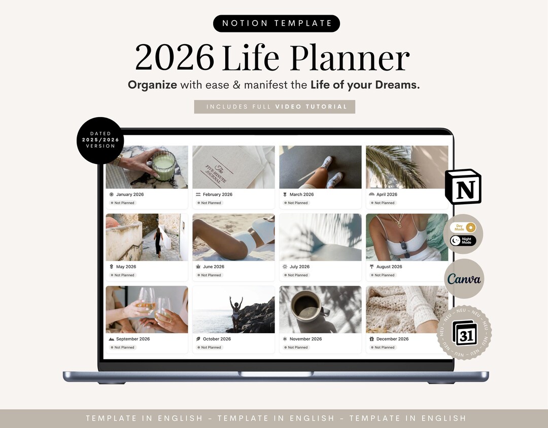 Notion Template 2026 Life Planner English Notion Dashboard Aesthetic ...