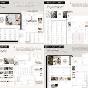 Op de afbeelding: Digitale plannerinterface weergegeven op een tablet en telefoon, met dagelijkse, wekelijkse, maandelijkse en driemaandelijkse planninglayouts. De interface bevat agenda's, takenlijsten en secties voor het stellen van doelen, met een strak, minimalistisch ontwerp.
