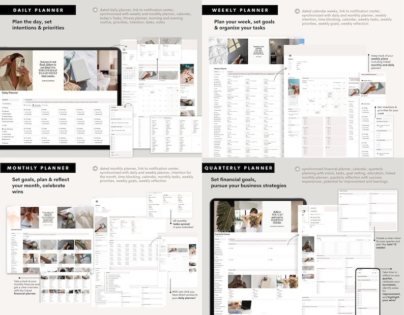 Op de afbeelding: Digitale plannerinterface weergegeven op een tablet en telefoon, met dagelijkse, wekelijkse, maandelijkse en driemaandelijkse planninglayouts. De interface bevat agenda's, takenlijsten en secties voor het stellen van doelen, met een strak, minimalistisch ontwerp.