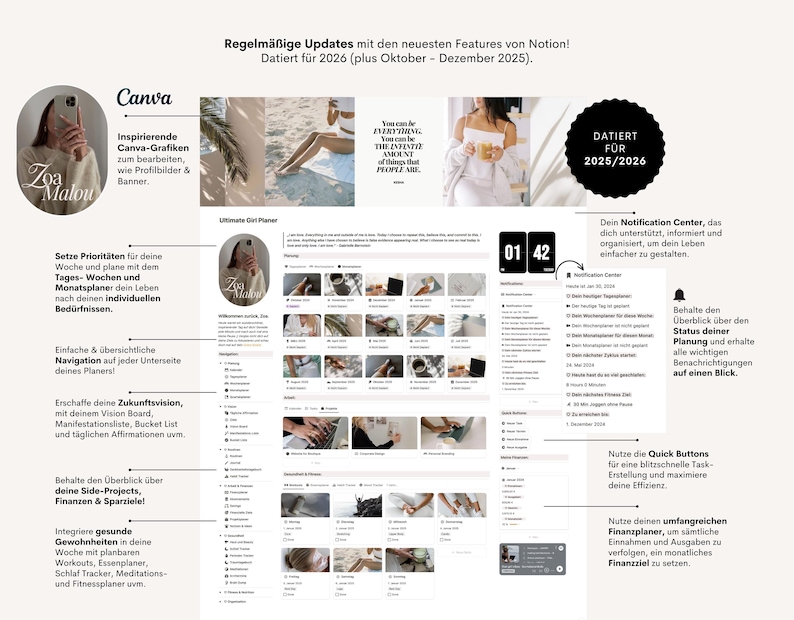 Pu&ograve; includere: Interfaccia di pianificazione digitale con il testo "Regelm&auml;&szlig;ige Updates mit den neuesten Features von Notion!" e "Datiert f&uuml;r 2026". Include grafica Canva, un pianificatore settimanale e un centro notifiche.