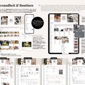 Pu&ograve; includere: Interfaccia dell'app per il benessere digitale visualizzata su un tablet e uno smartphone. L'app presenta sezioni per allenamenti, ricette e monitoraggio della salute. Il testo include "Gesundheit & Routinen" e "Fitness-Ziele".