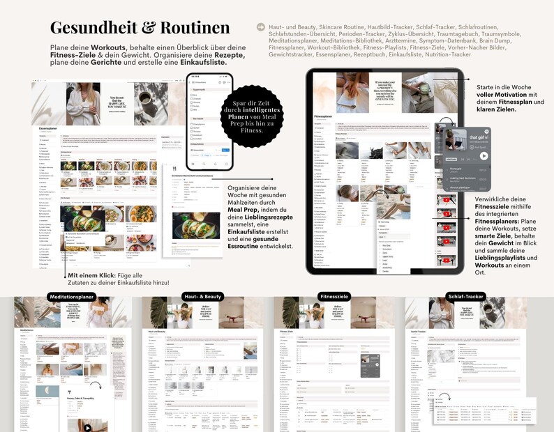 Pu&ograve; includere: Interfaccia dell'app per il benessere digitale visualizzata su un tablet e uno smartphone. L'app presenta sezioni per allenamenti, ricette e monitoraggio della salute. Il testo include "Gesundheit & Routinen" e "Fitness-Ziele".