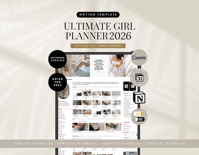 Op de afbeelding: Een digitale plantemplates met de titel "ULTIMATE GIRL PLANNER 2026" met de tekst "INCLUDES FULL VIDEO TUTORIAL". De afbeelding bevat de woorden "EXTENDED VERSION" en "DATED FOR 2026". De planner is ontworpen voor Notion en Canva.