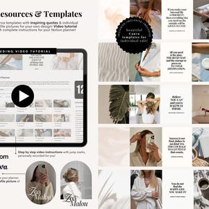 Op de afbeelding: Een digitale productpresentatie met Canva-sjablonen met inspirerende citaten en profielfoto's voor Notion-planners. De afbeelding bevat een video-tutorial, de tekst "Resources & Templates" en de merknaam "Zoa Malou".